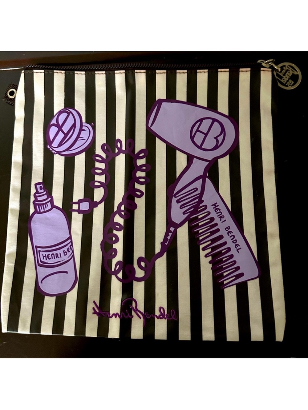 Henri Bendel Iconic Striped Cosmetic Pouch w/Purple Hair Tool Graphics